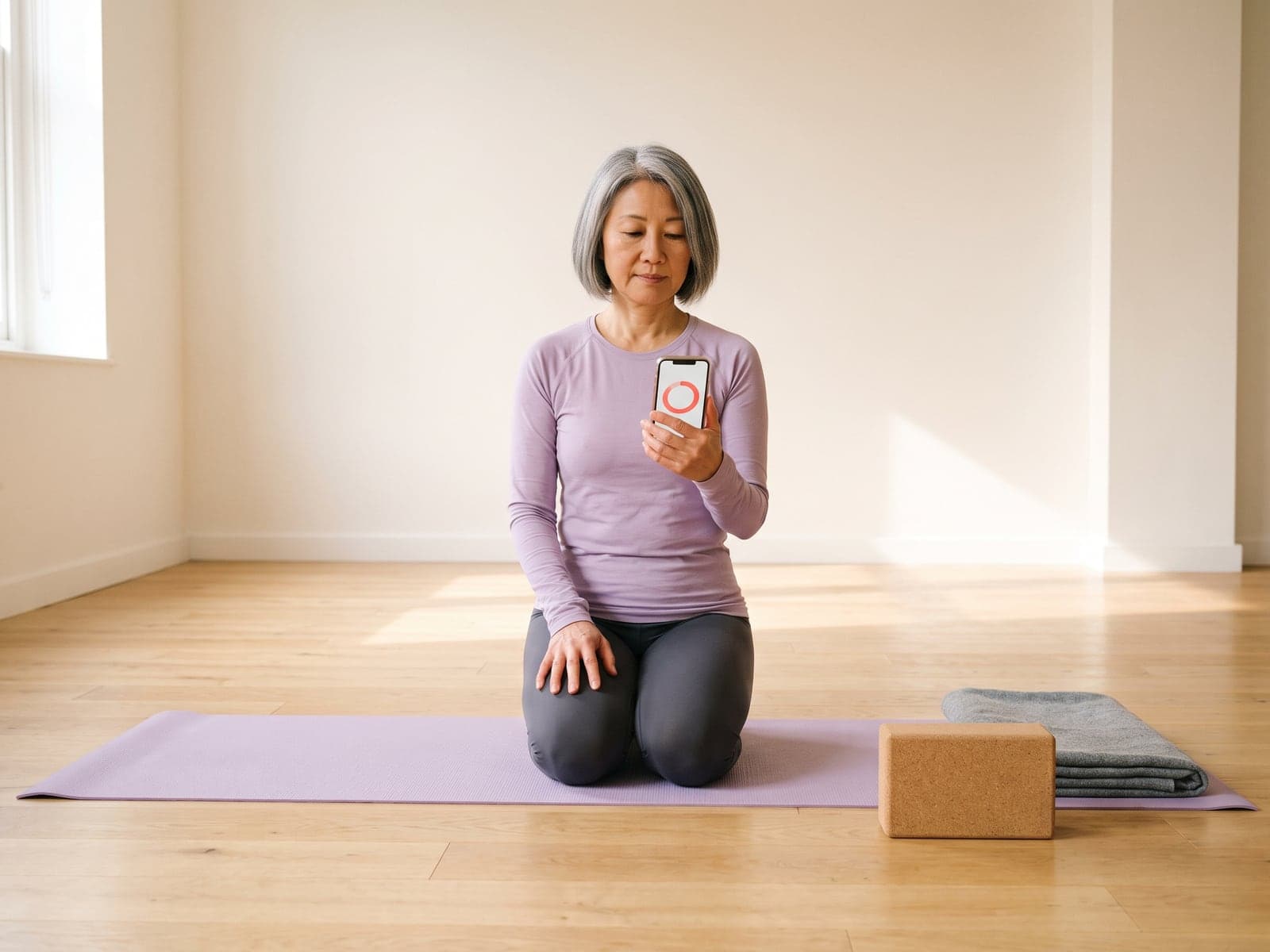 A woman kneeling on a yoga mat checks her progress ring in a phone app.