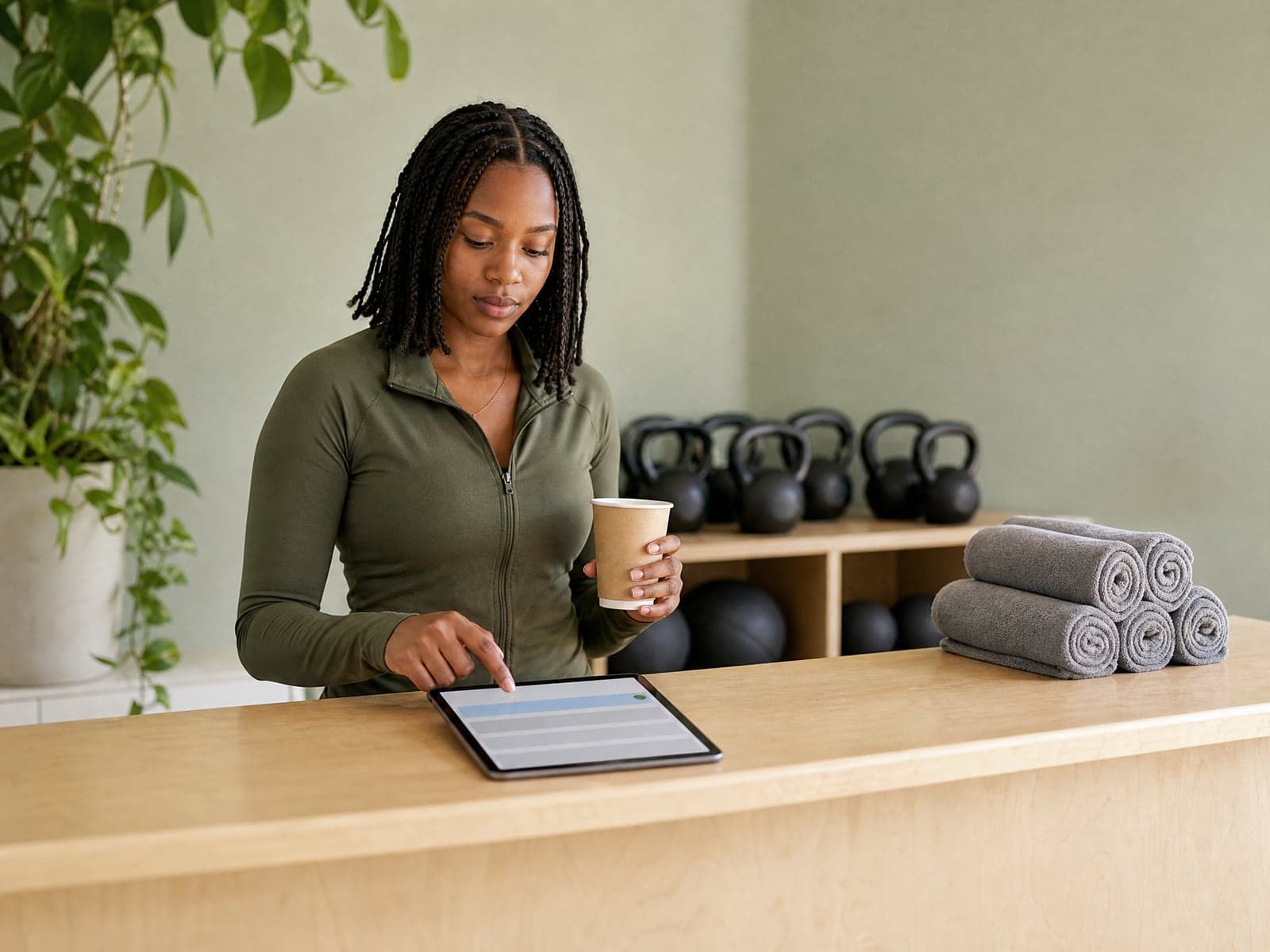 A gym manager taps the top row of a list on a tablet at the front desk, with kettlebells behind her.