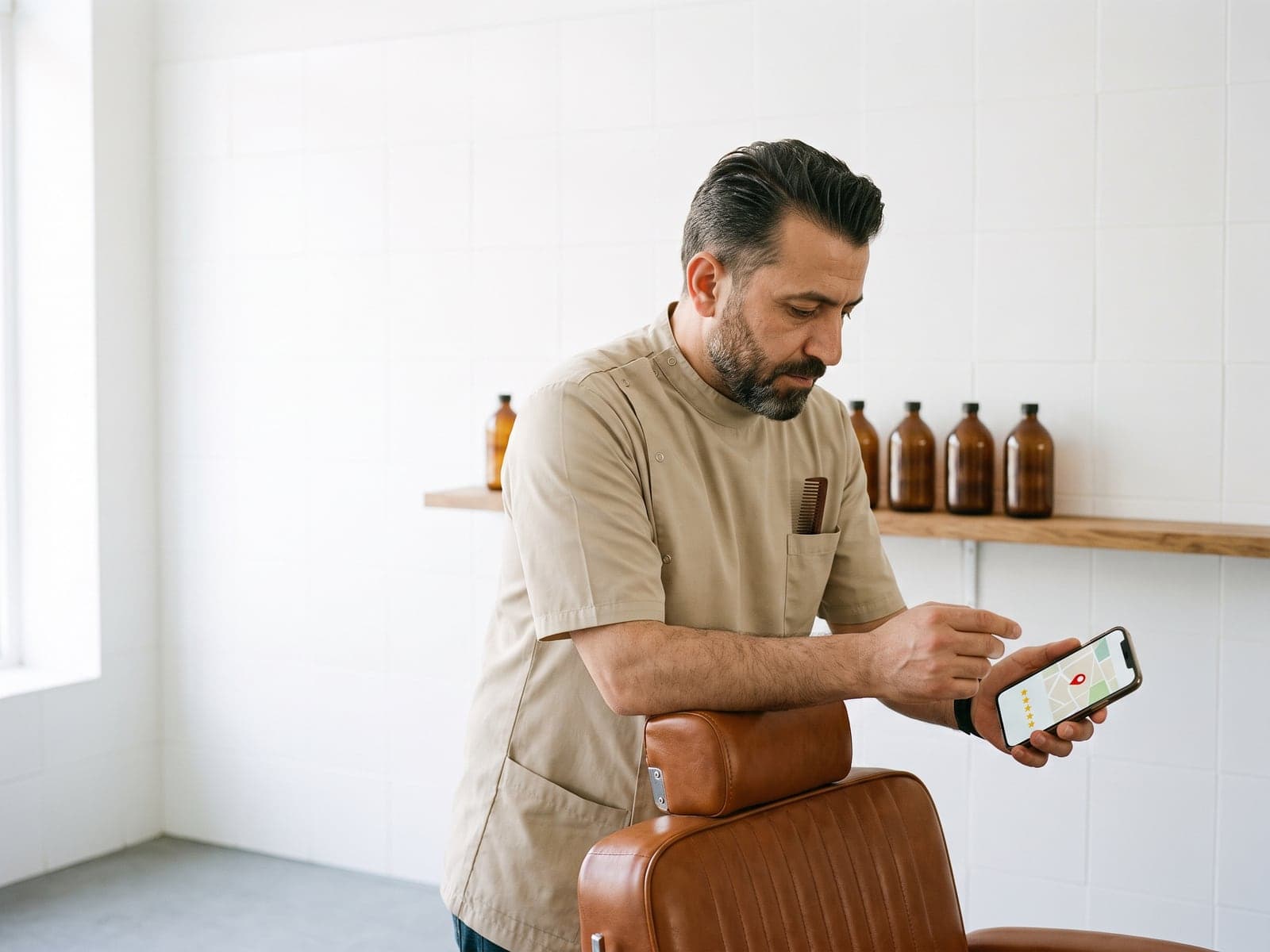 A barber leans on an empty leather barber chair and checks a map listing with a red pin and five gold stars on his phone.