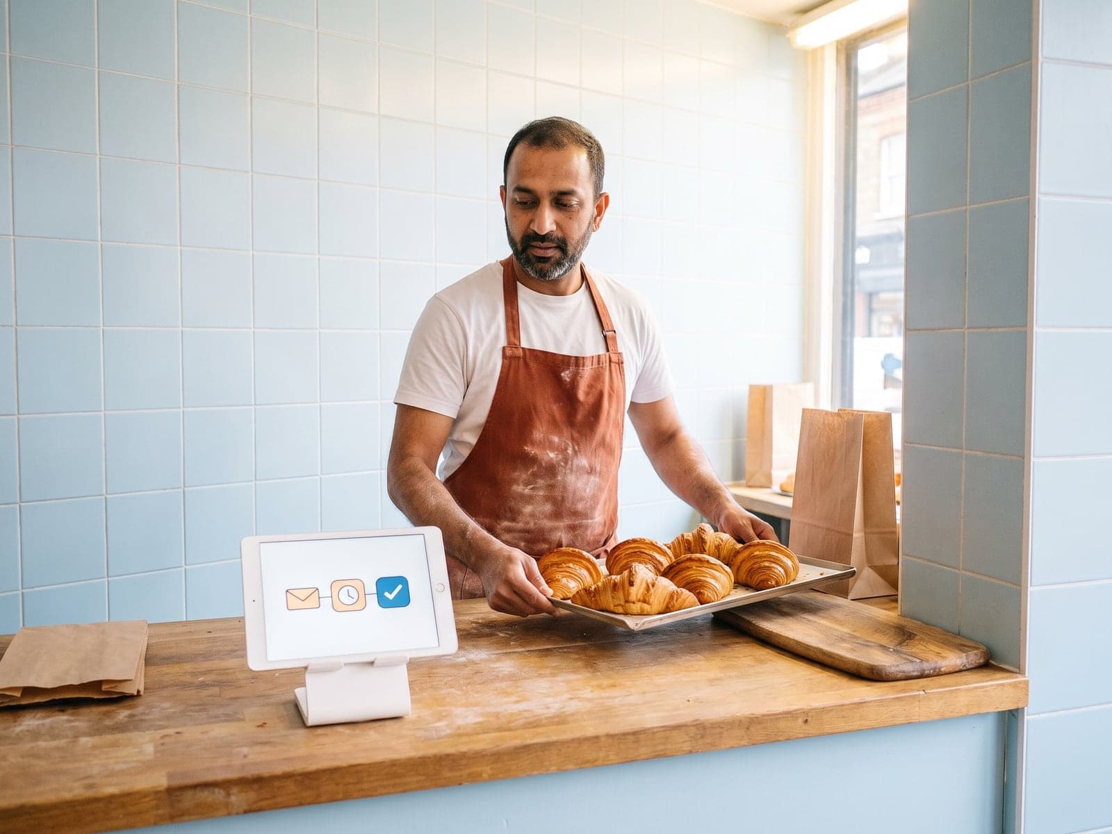 A baker sets out croissants while a tablet on the counter shows an automated email flow running.