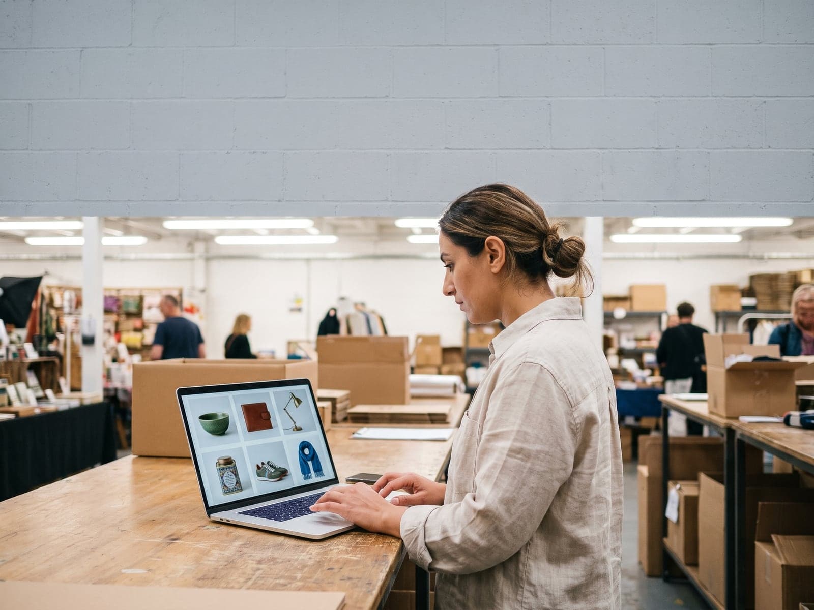 A marketplace operator works on a laptop showing a grid of products from different sellers at a packing table in a busy warehouse.