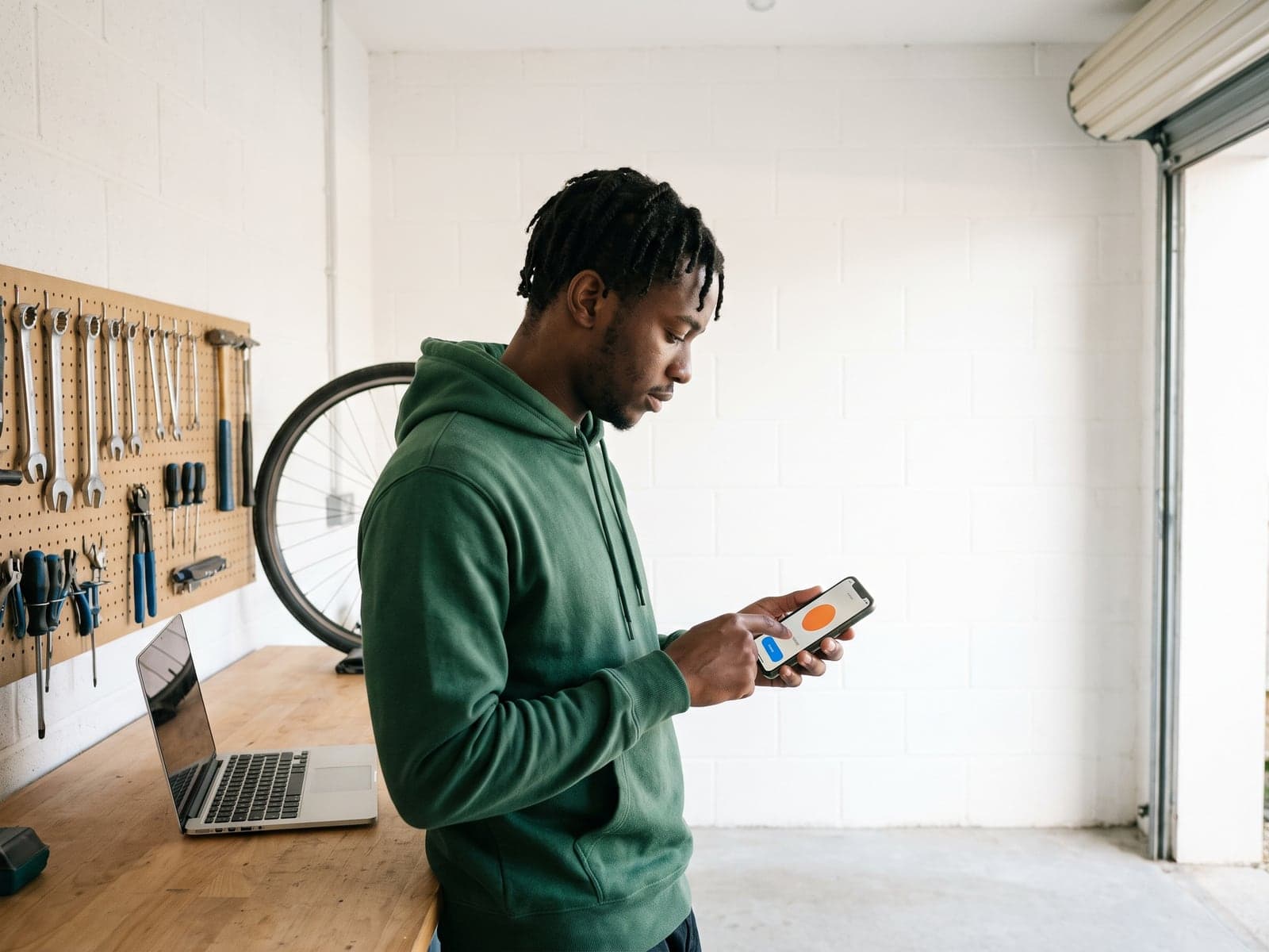 A young founder in a green hoodie tests an app screen with an orange circle and blue button on his phone in a converted garage workshop.