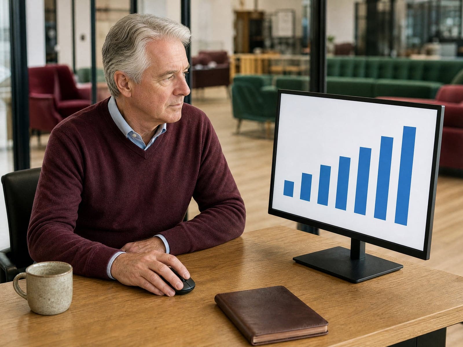 A furniture showroom owner reads a rising bar chart of ad results in his office.
