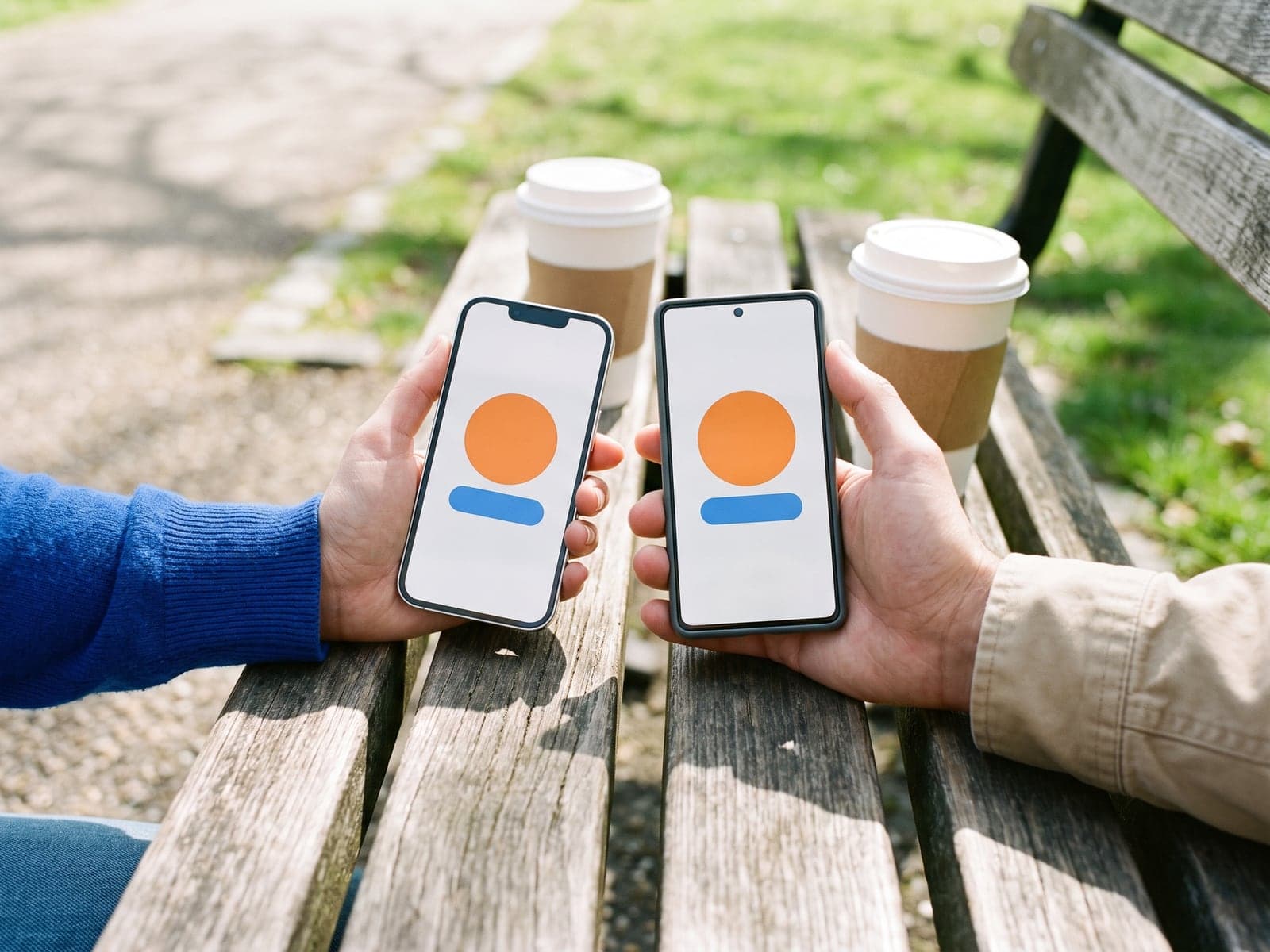 Two hands hold two different phones side by side over a park bench, both showing the same app screen with an orange circle and blue bar.