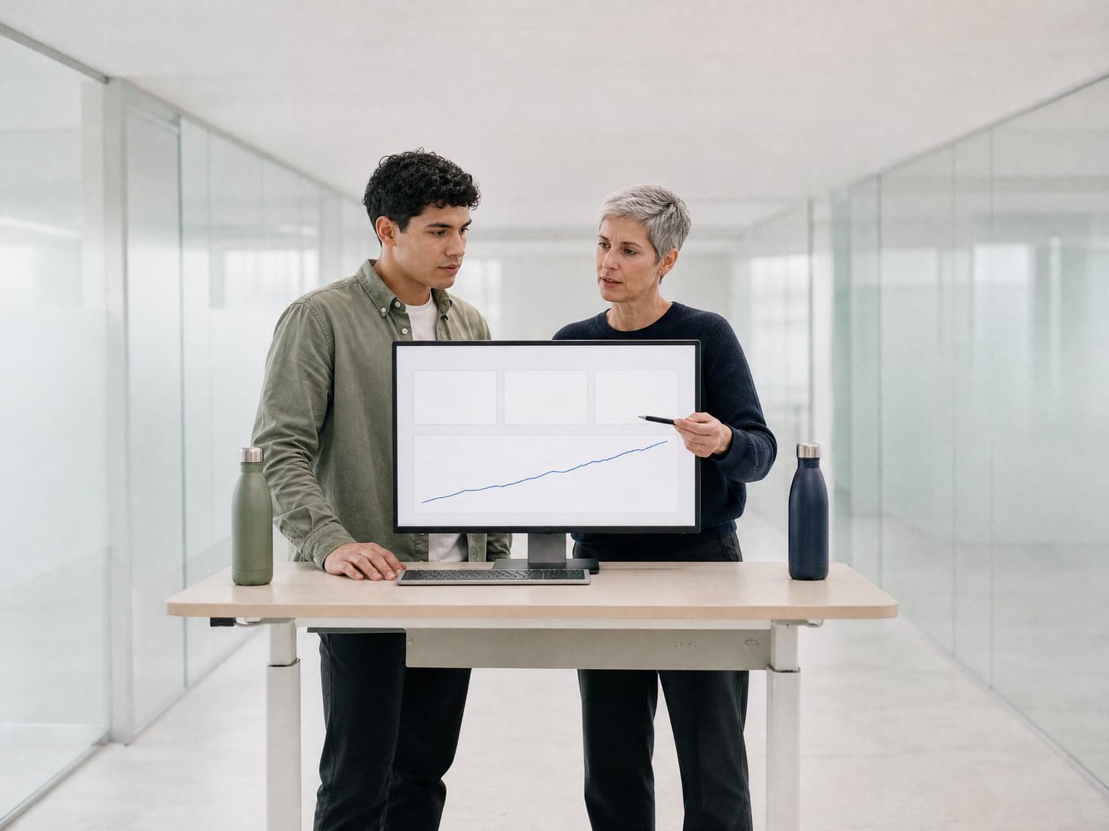 Two product people review a subscription dashboard with a rising line on a standing desk monitor.