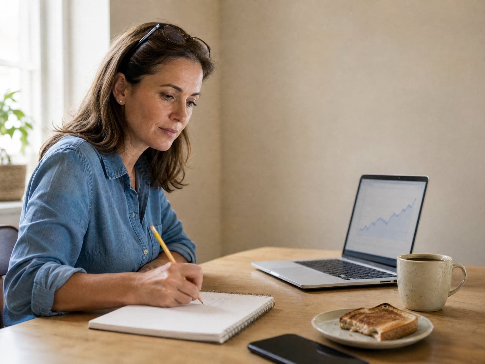 Founder taking notes beside a laptop showing a rising search performance chart