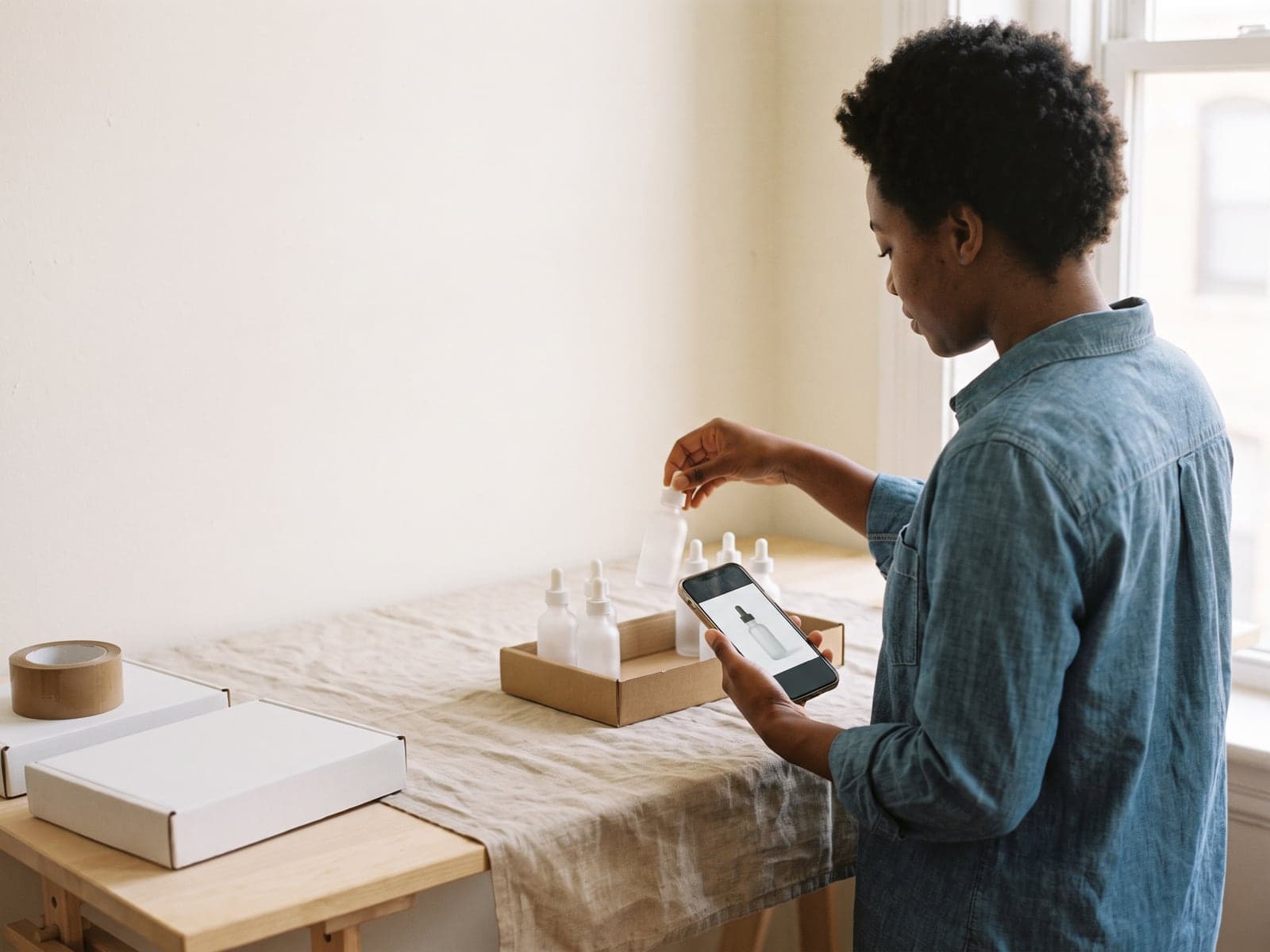 Skincare brand founder checking her online store on a phone while lifting a dropper bottle from a tray of orders