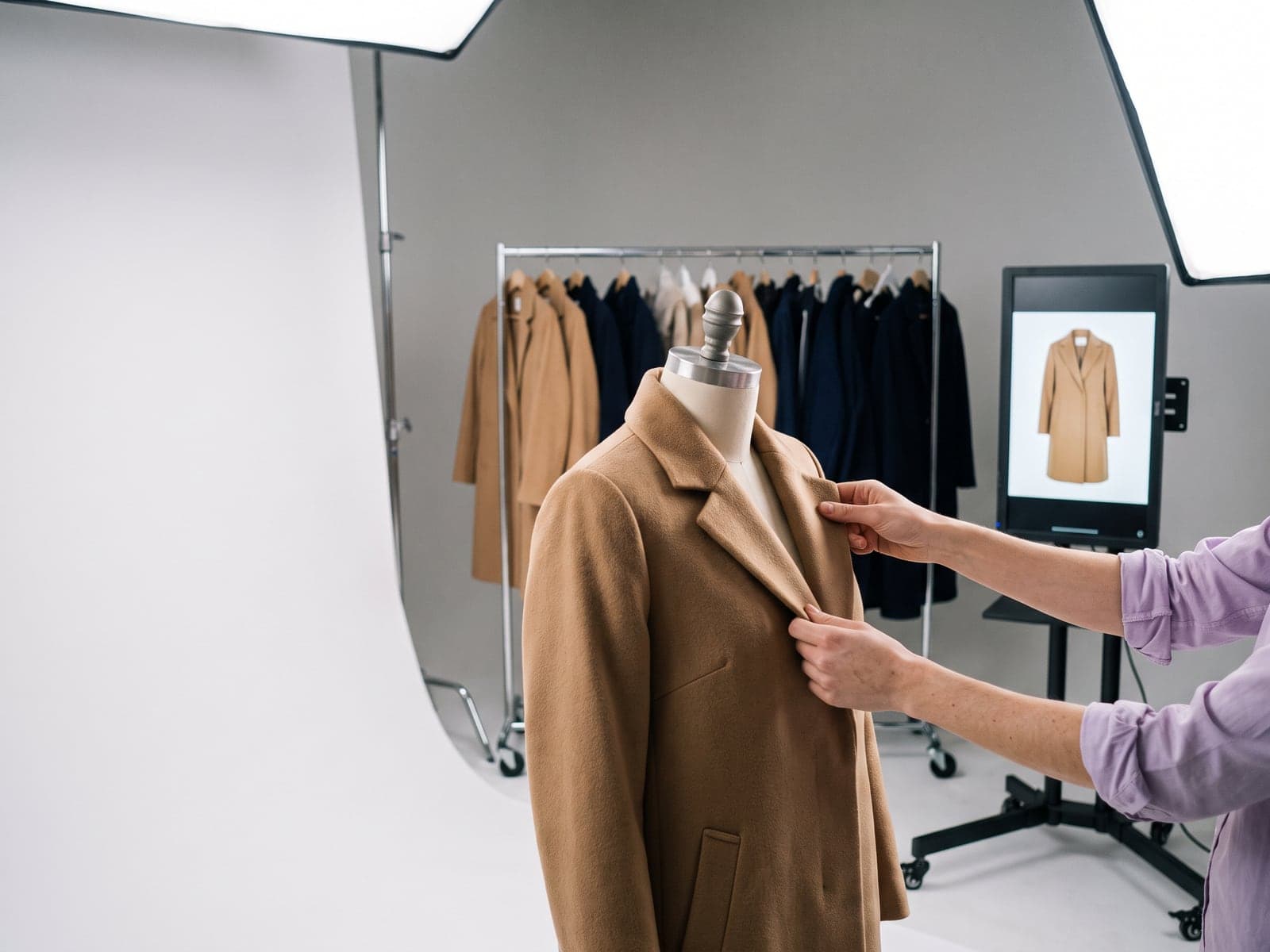 A stylist adjusts a camel coat on a mannequin while a studio monitor shows it on a product page.