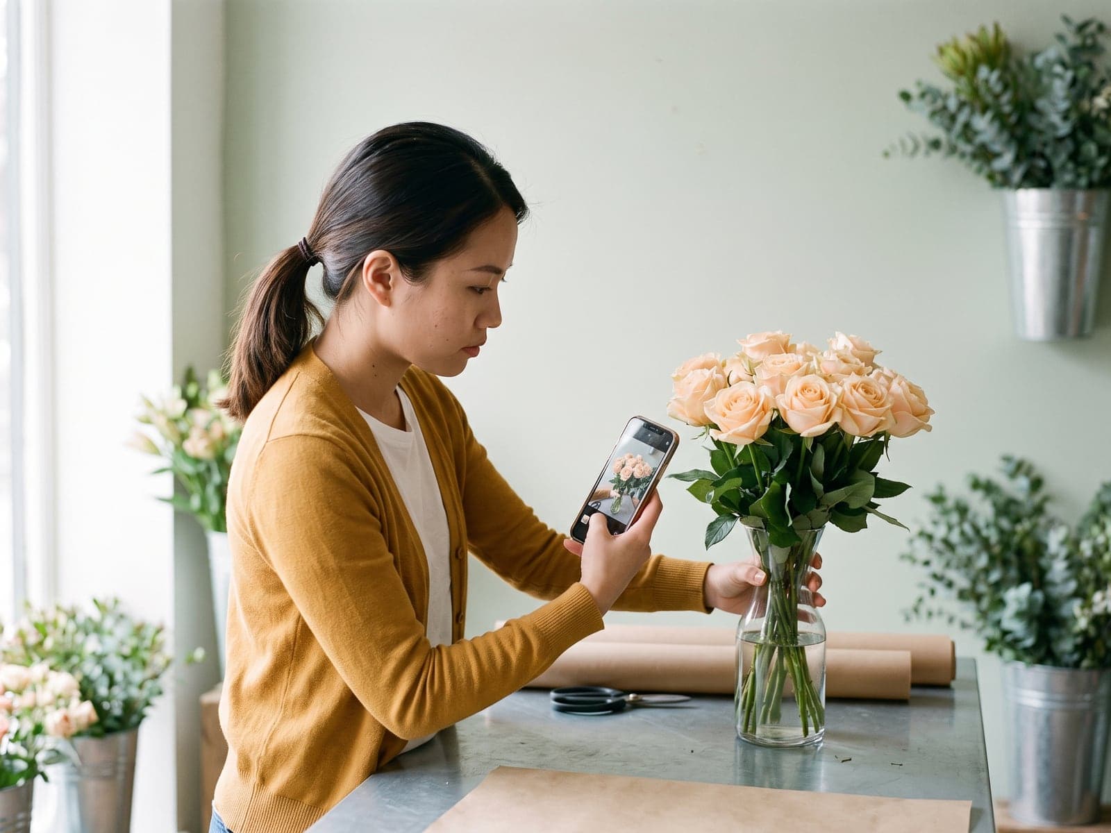 A florist frames a photo of a peach rose bouquet on her phone at the shop counter.