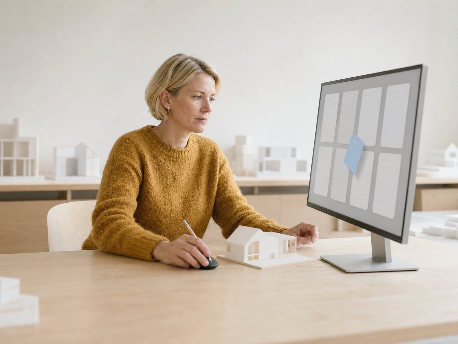 An architect in a mustard sweater moves a blue card across a board of task cards on a large monitor in her model-filled studio.
