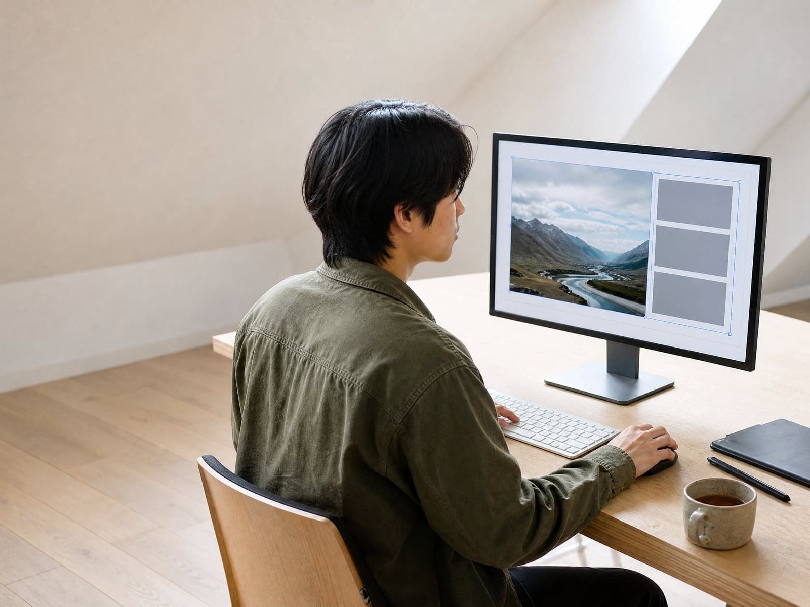 A designer drags a photo into place on a visual website builder in his attic studio.
