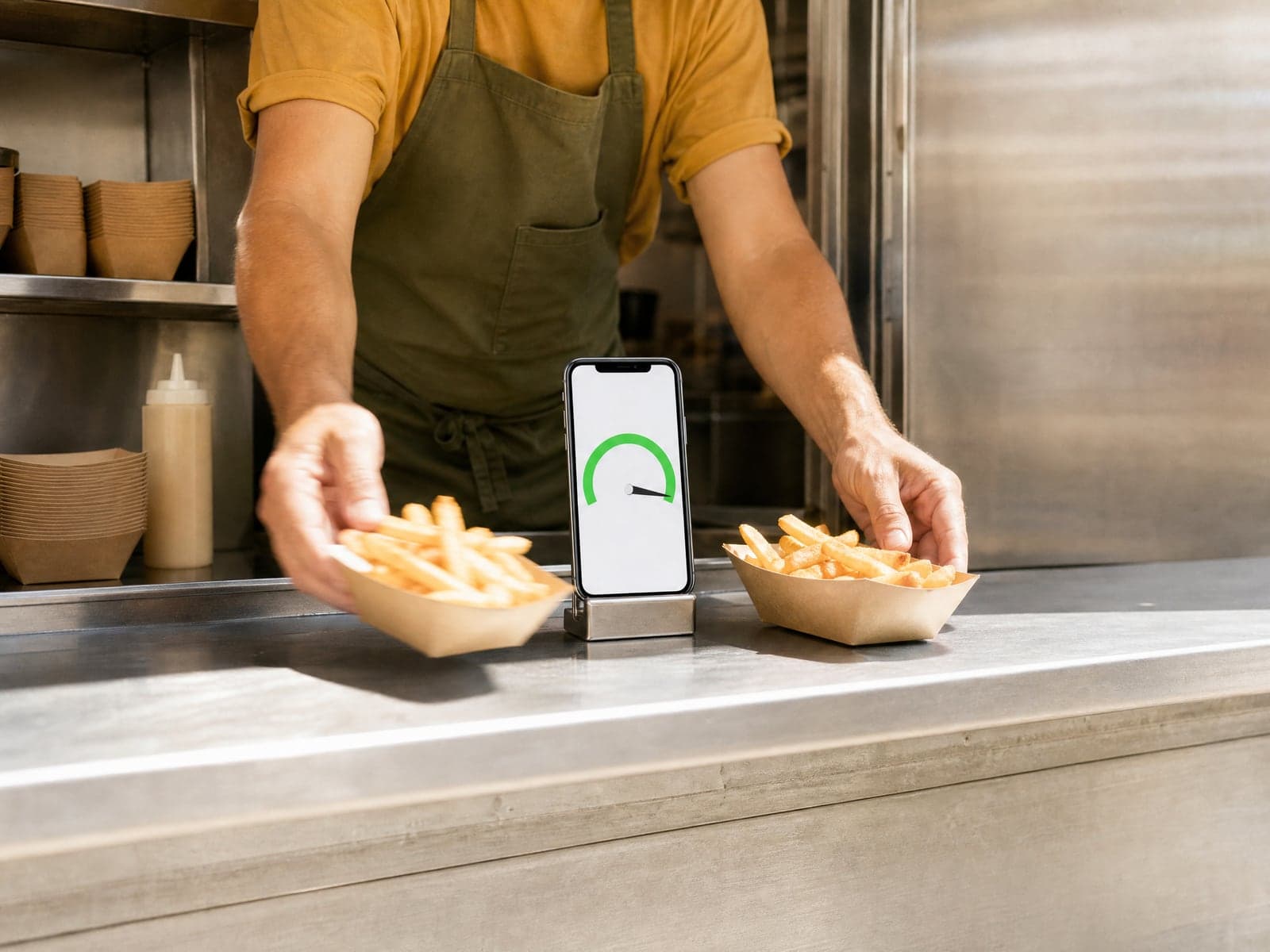 A food truck cook slides out two paper boats of fries on either side of a phone whose speedometer gauge points near maximum.