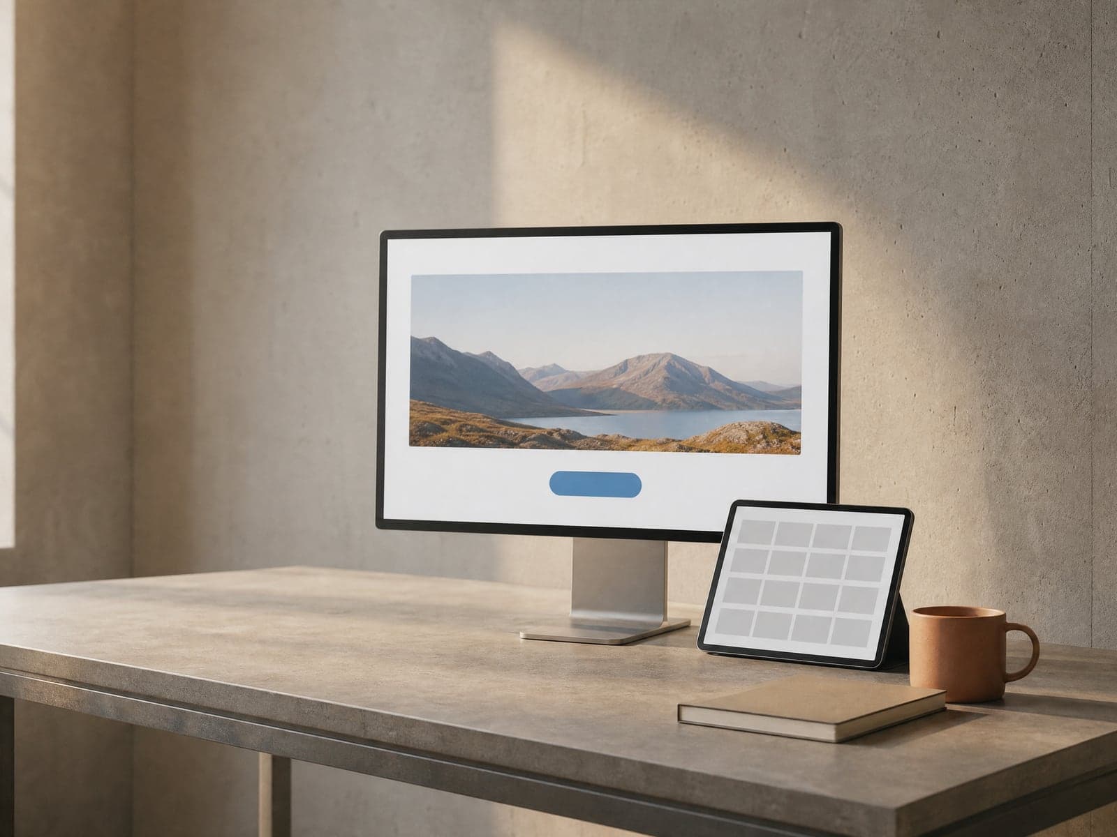 A monitor showing a clean new homepage with a mountain photo stands beside a tablet showing a dense grid of the old layout on a concrete desk.