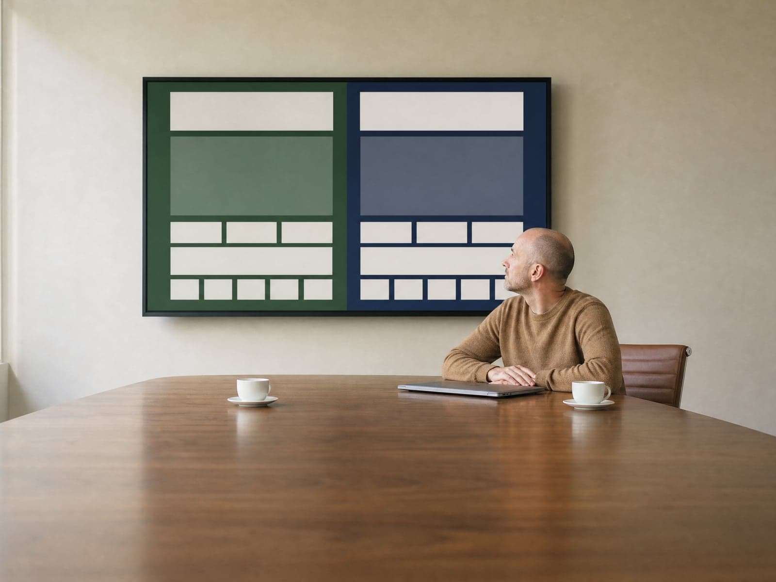 An agency lead in a camel sweater looks up at a boardroom screen showing one website layout twice, in forest green and navy.
