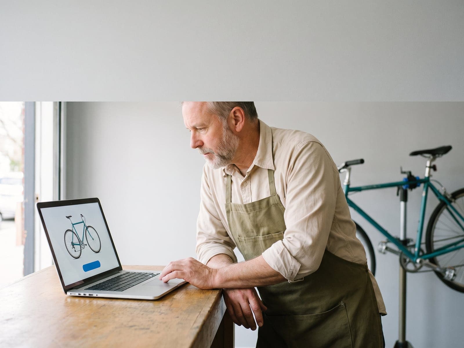 A bike shop owner leans on his counter to review a website with a teal bicycle on his laptop, with a teal bike on a work stand behind him.