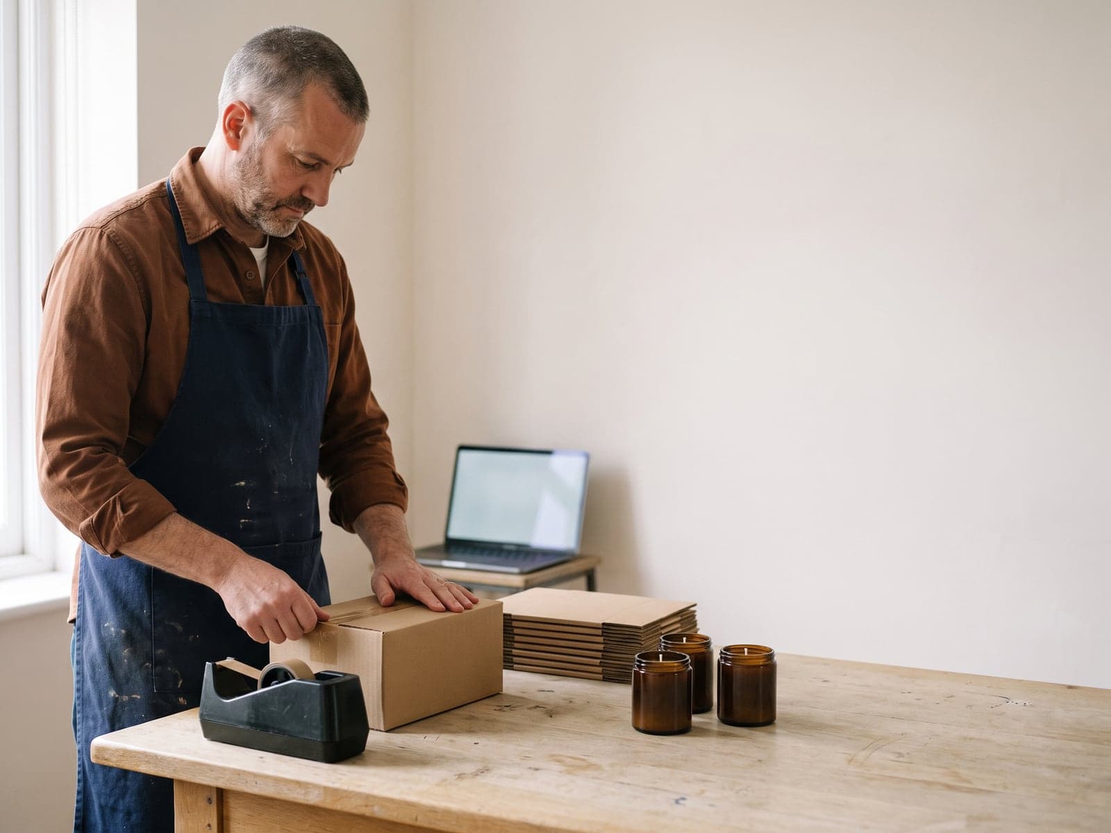 Candle maker taping a shipping box shut at his workbench with a laptop open beside the orders