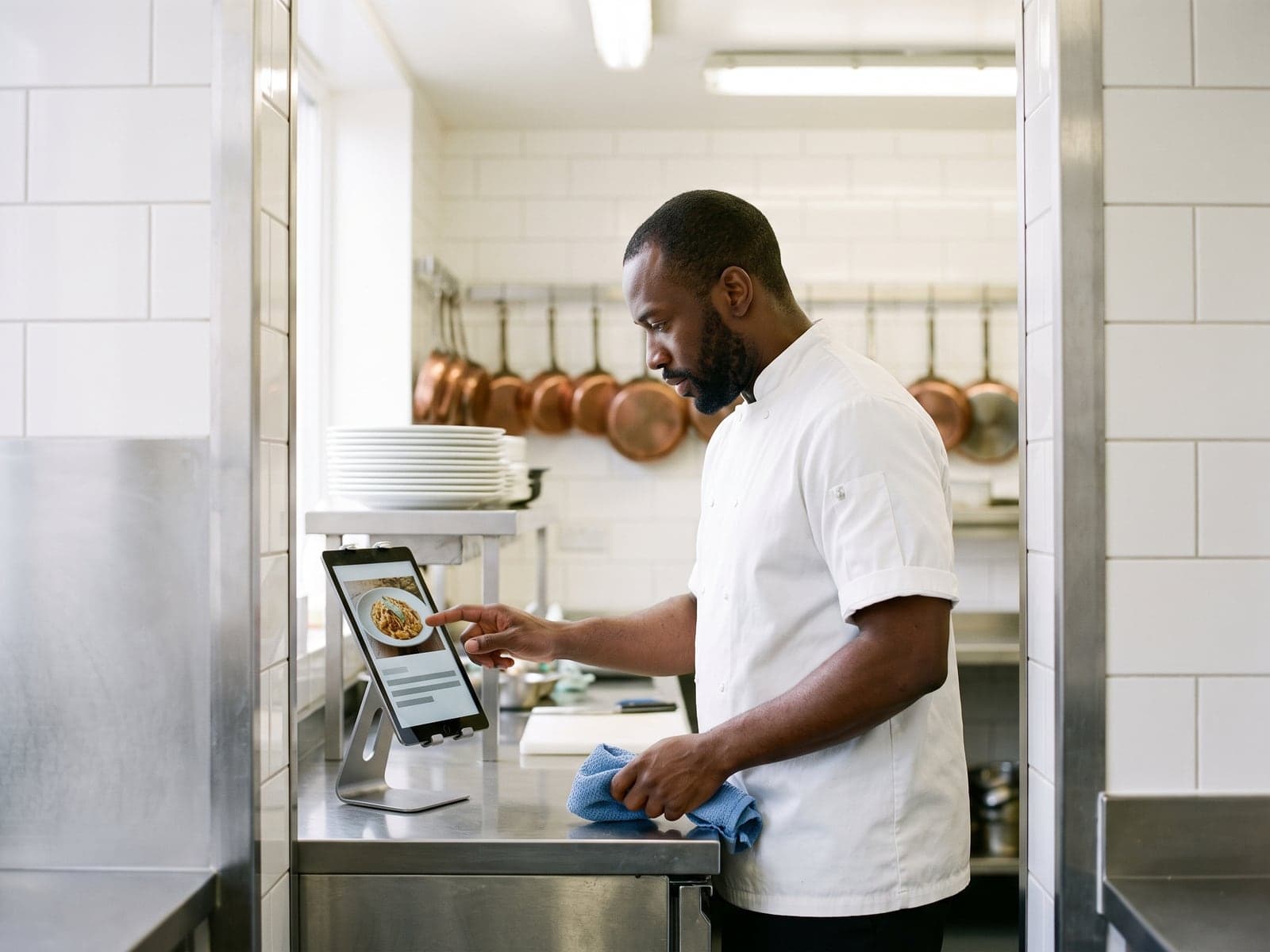 A chef updates a menu photo on a tablet in the corner of a restaurant kitchen.