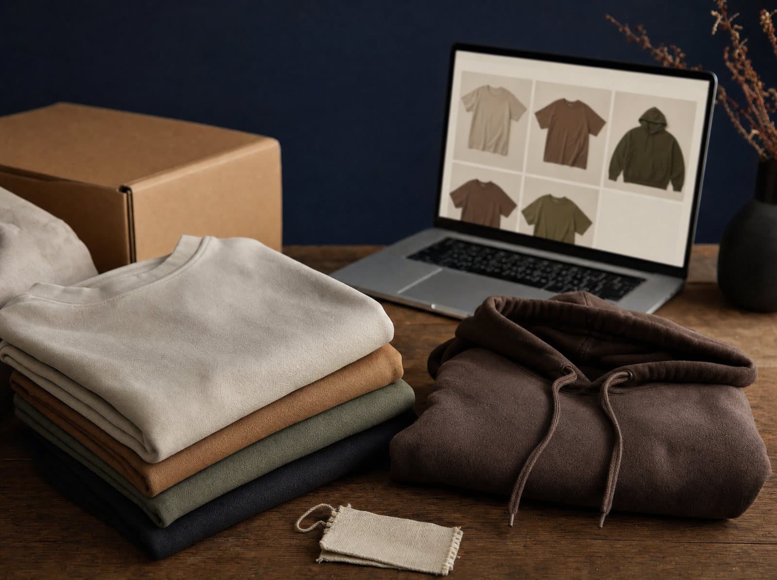 Folded tees and a hoodie from a small apparel brand beside a laptop showing its online store collection page
