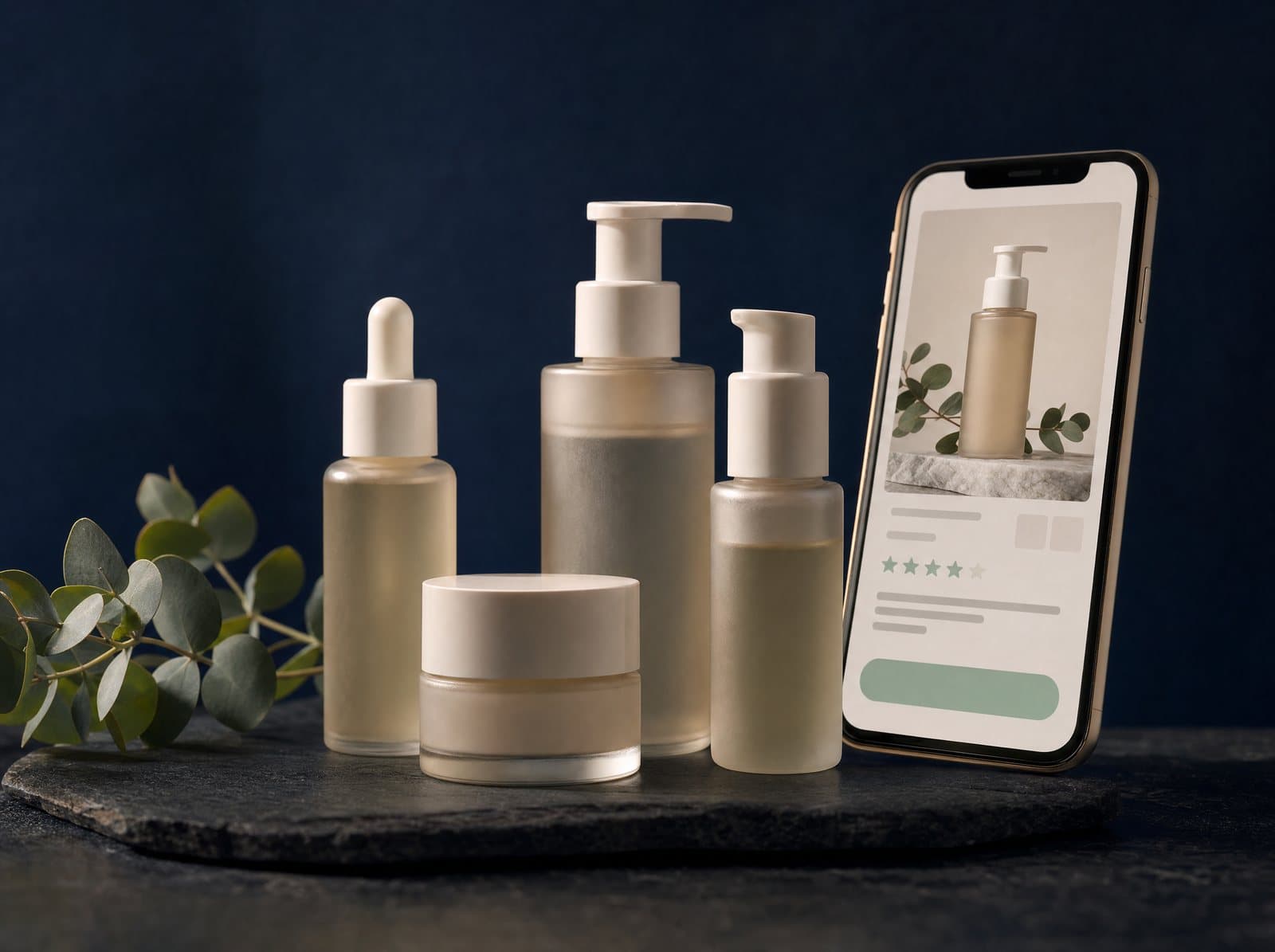 Skincare bottles from a small beauty brand beside a phone showing their product page