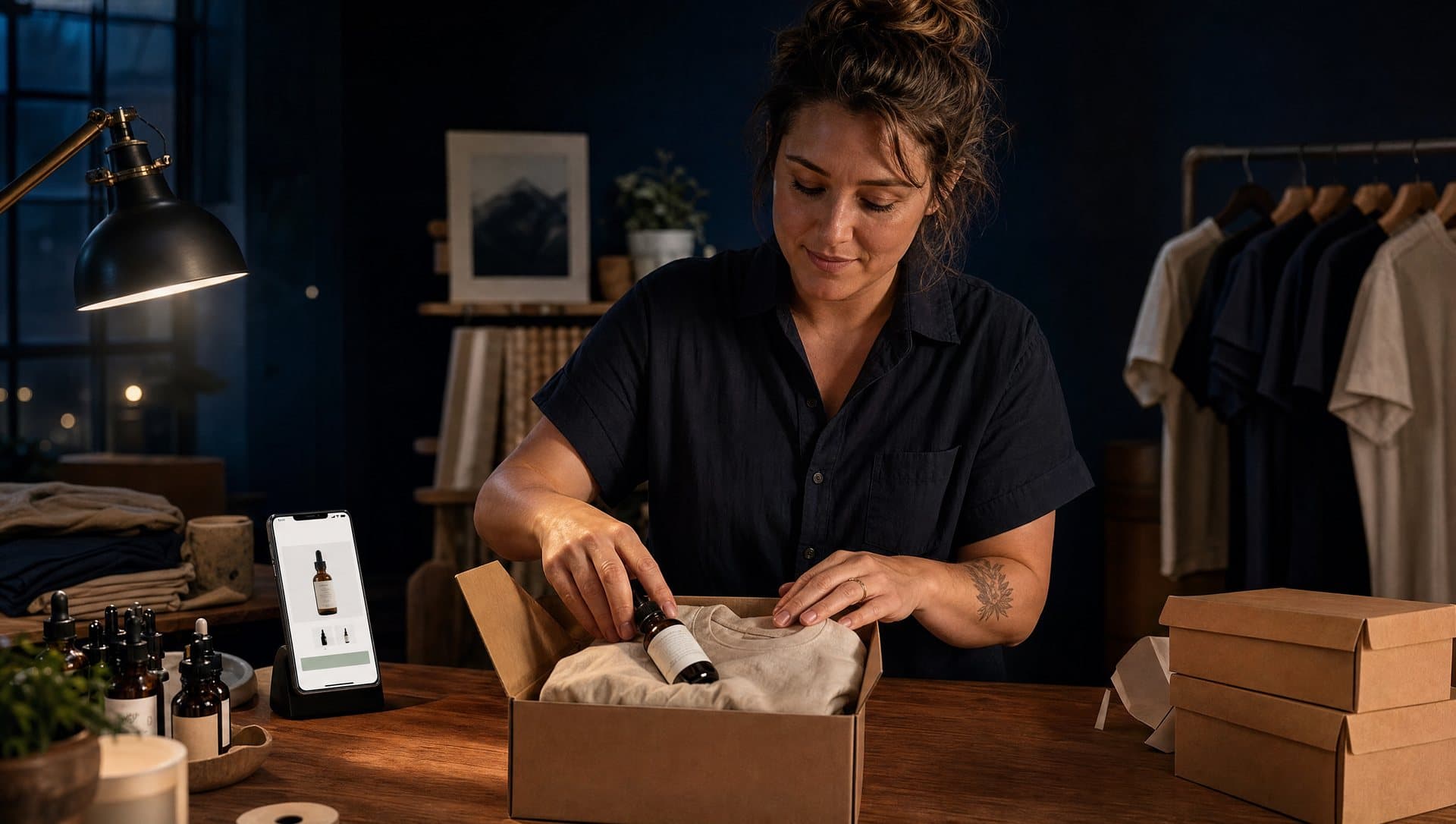 A small brand founder packing an order at a workbench, with their Shopify store open on a phone beside them