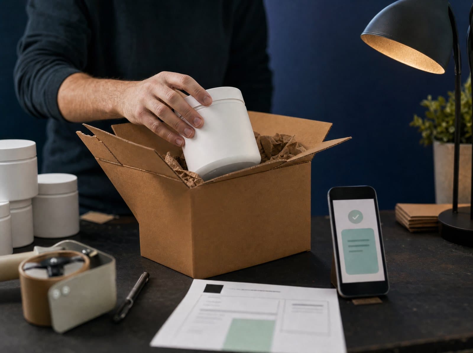 A founder packing a supplement tub into a shipping box, with an order notification on a phone
