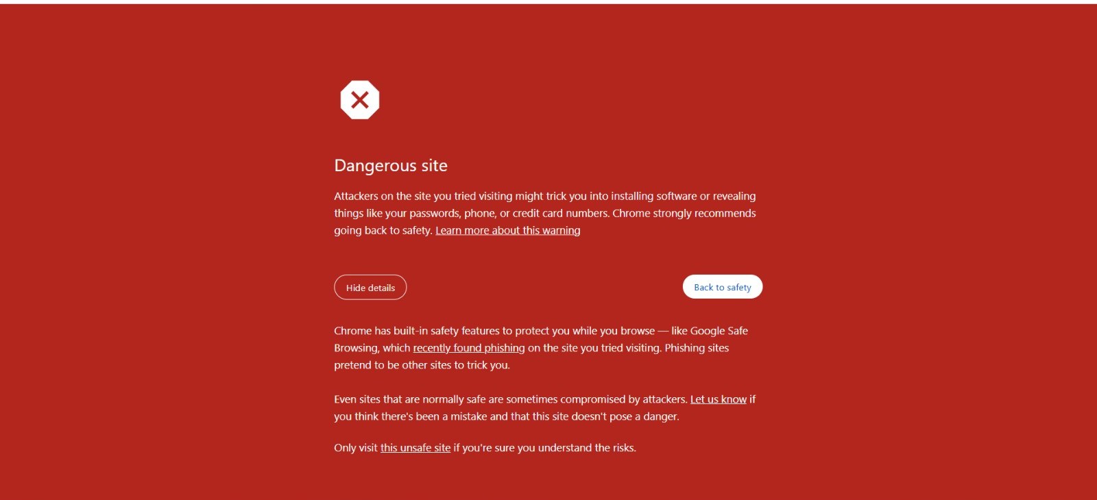Google Chrome full-page red Dangerous site warning shown for a WordPress website flagged by Google Safe Browsing