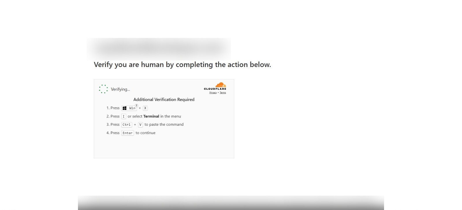Screenshot of a real fake Cloudflare verification page on a compromised WordPress site in September 2026, showing instructions to press Win plus X, select Terminal, press Ctrl plus V and Enter; the site name is blurred