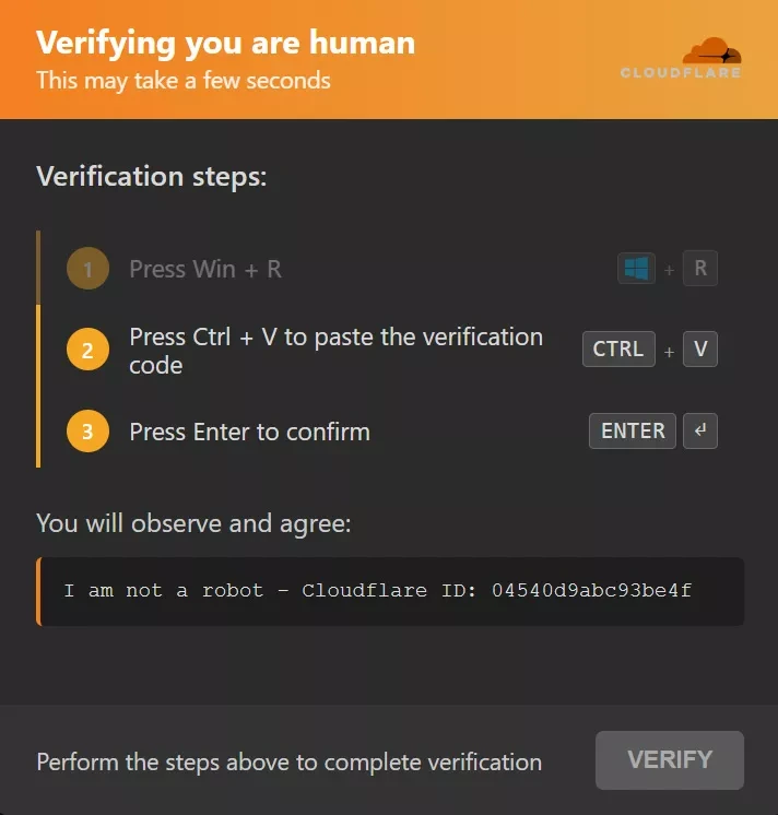 Fake Cloudflare Verifying you are human page with an orange header and three numbered verification steps: press Win plus R, press Ctrl plus V to paste the verification code, press Enter to confirm, above a line reading I am not a robot with a fake Cloudflare ID and a Verify button