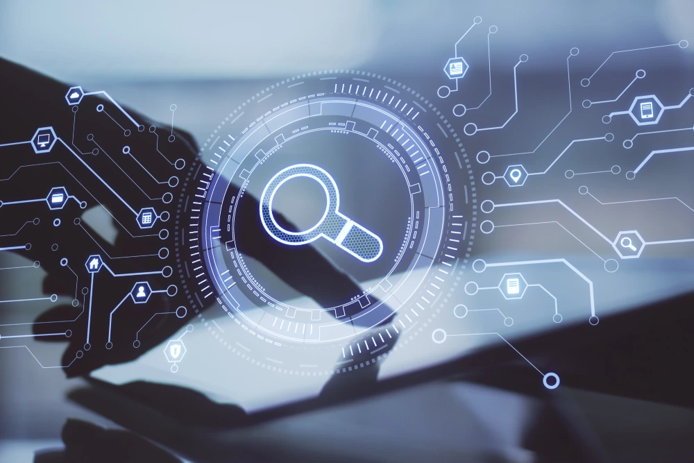 Abstract search analytics concept with magnifying glass and digital interface representing AI search reporting templates.”